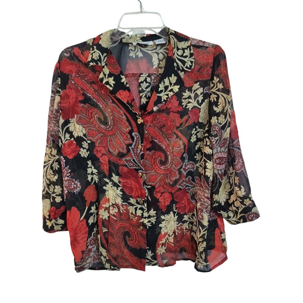 3768)Vintage Joana Red Black Floral Semi Sheer Button Up 3/4 Sleeve Blouse Large